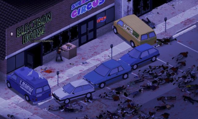 Screenshot aus Project Zomboid: Es zeigt getötete Zombies, die haufenweise auf dem Boden liegen und ein Survivor, der eine Barrikade aus Autos gebaut hat.